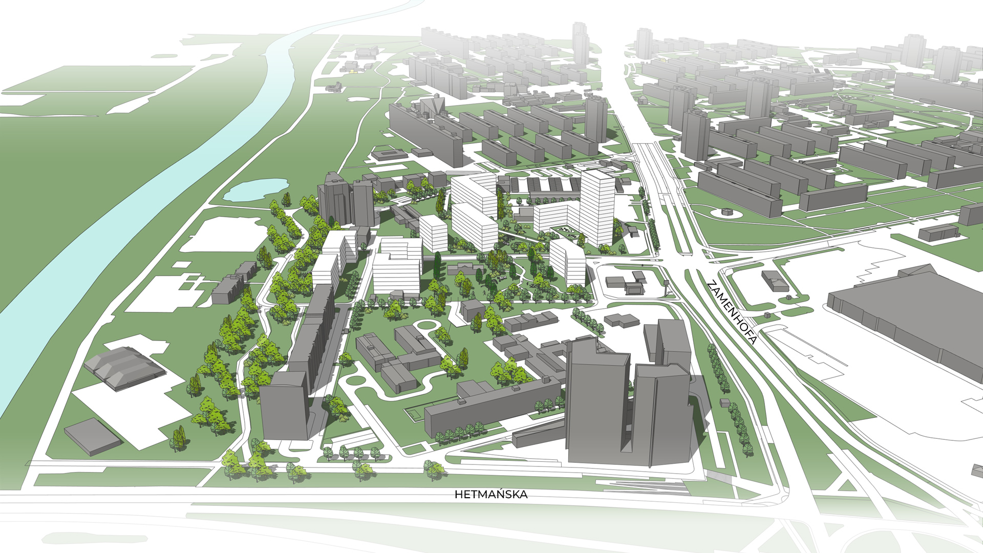 Widok z góry na model 3D obszaru objętego planem. Szare bryły przedstawiają istniejącą zabudowę, kolorem białym wyróżniono planowane budynki. Kolorem zielonym wyróżniono tereny zieleni i drzewa. Na dole napis wzduż ulic: Hetmańska, z prawe strony napis: Zamenhofa.