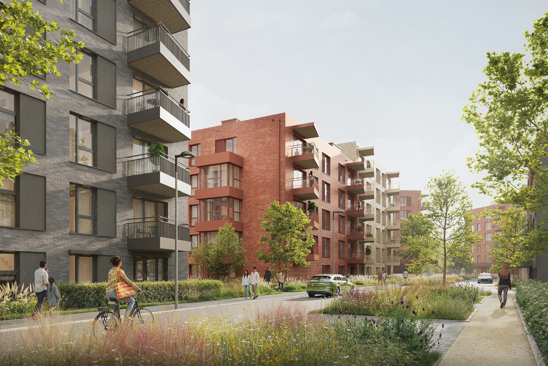 Wizualizacja: widać bloki, między nimi chodzą ludzie, wokół drzewa i trawniki