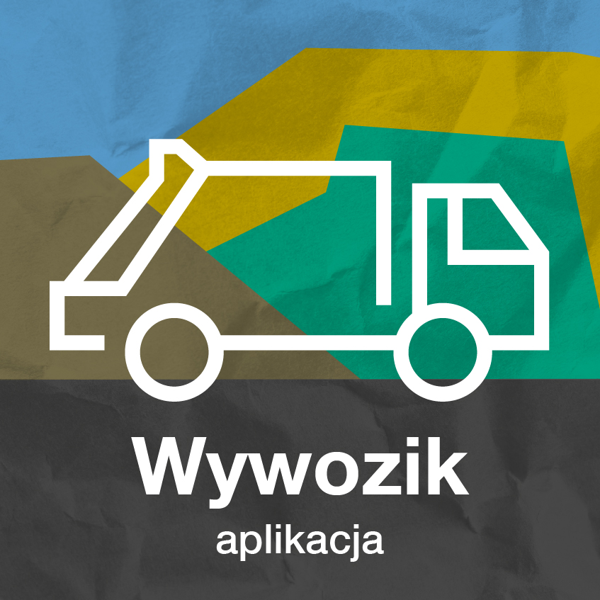 Logo Wywozika, kolorowe tło, białe obramowanie ciężarówki i na dole napis "wywozik aplikacja".