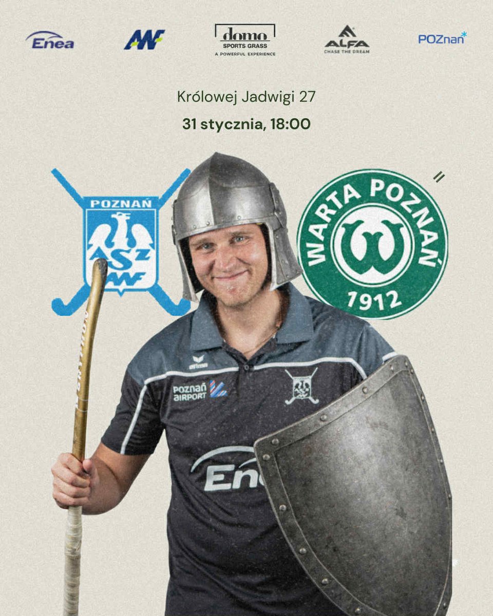 Zapowiedź meczu barażowego AZS AWF Poznań vs. Warta Poznań II - zawodnik AZS AWF Poznań w stroju klubowym i w zbroi stylizowanej na wojownika. W tle logotypy klubów oraz termin i miejsce rozgrywania meczu