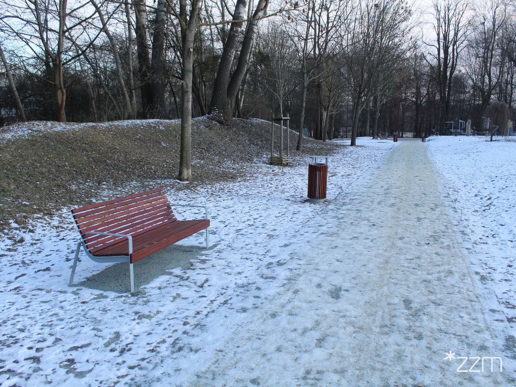 Zdjęcie przedstawia alejki spacerowe w parku wśród drzew.