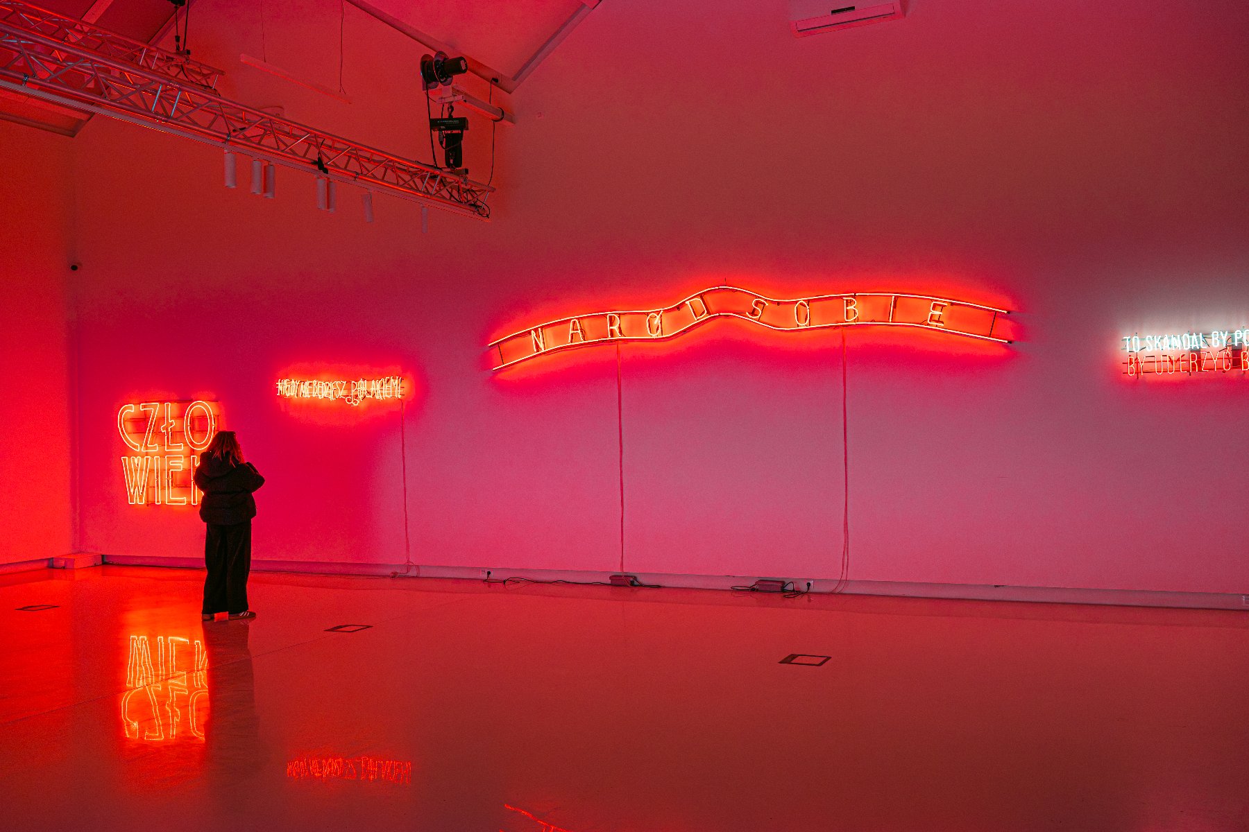 Zdjęcie przedstawia dziewczynę stojącą przy ścianie, na której umieszczonych jest kilka neonów.