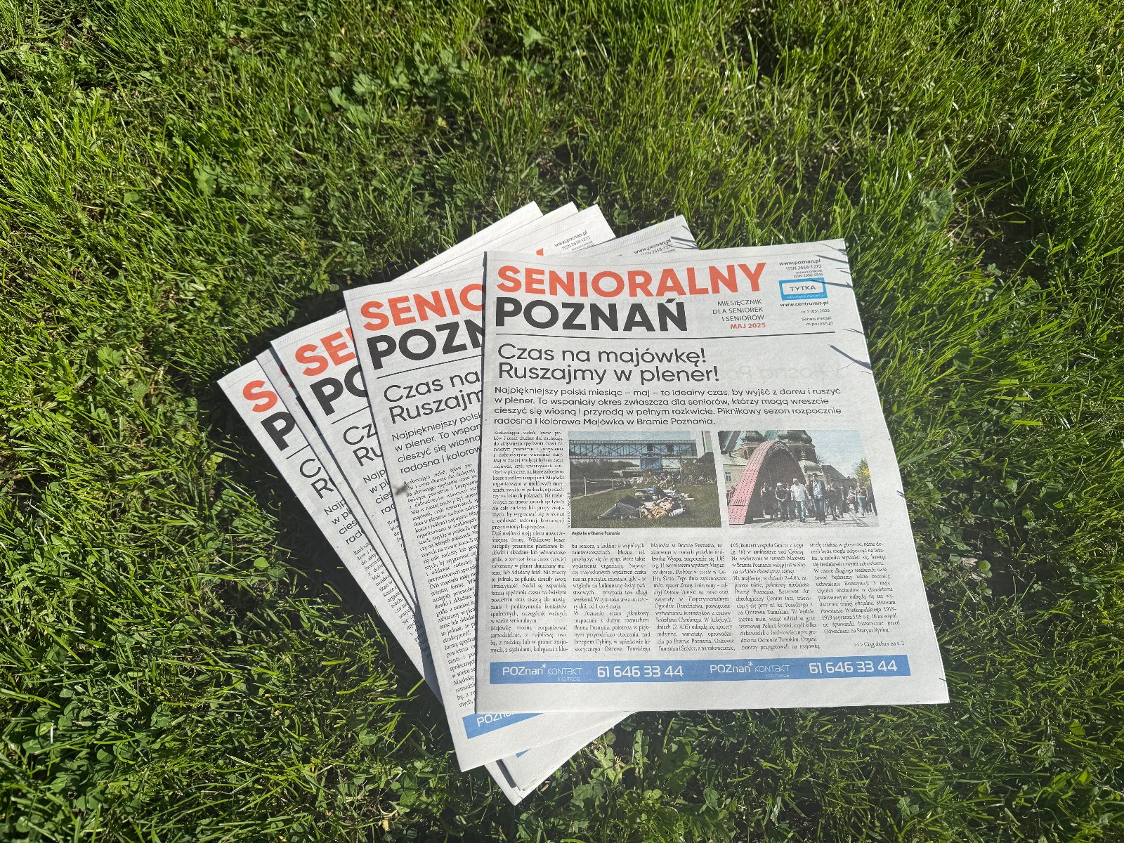 Senioralny Poznań - maj 2025, fot. APS Zdjęcie przedstawia zieloną trawę na której leży stos gazety Senioralny Poznań - aktualne wydanie na maj