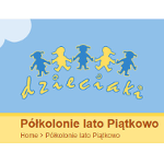 Na górze żólte i niebieskie figurki dzieci na błekitnym tle. Na dole brazowy napis na żółtym tle.