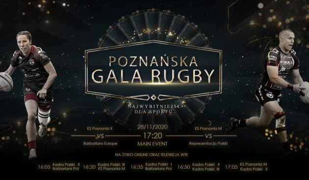Poznańska Gala Rugby - rugbystka i rugbysta w czarnych strojach po dwóch stronach plakatu, na dole umieszczony terminarz rozgrywek - grafika artykułu