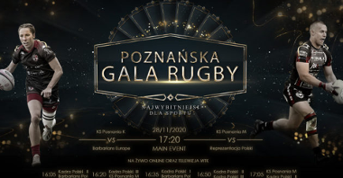 Poznańska Gala Rugby - rugbystka i rugbysta w czarnych strojach po dwóch stronach plakatu, na dole umieszczony terminarz rozgrywek