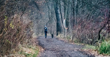 biegaczka biegnąca z psem leśną ścieżką