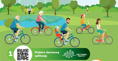 plakat przedstawia animowane osoby w różnym wieku na rowerach