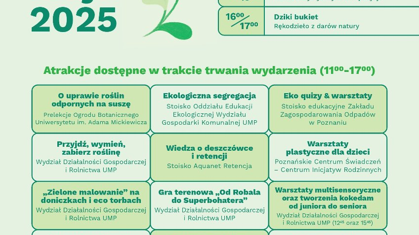 Grafika przedstawia program warszató i spotkań podczas Akademii Zielonego Poznania