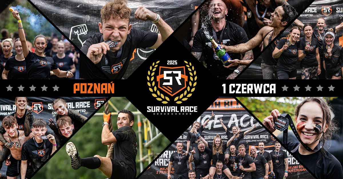 Survival Race 2025 Survival Race 2025 - na środku na czarnym tle logotyp z białymi literami SR oraz napisem Survival Race i złotym liściem laurowym. Wokół znajduje się kolaż ośmiu zdjęć na których młodzi ludzie w czarnych koszulkach trzymają medale, podnoszą ręce w geście zadowolenia, przygryzają medal oraz otwierają szampana