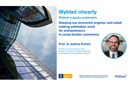 Grafika promocyjna wykładu otwartego. Po lewej stronie znajduje się zdjęcie nowoczesnego szklanego biurowca ujętego z dołu, na tle nieba. Po prawej umieszczono tekst w języku polskim i angielskim, informujący o wykładzie otwartym. Informacje te zawarte są również w tekście o wykładzie