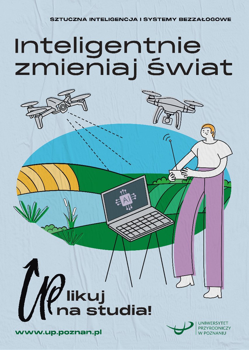 Ilustracja promocyjna studiów: osoba steruje tabletem, drony monitorują pola uprawne, a laptop z symbolem AI przedstawia zastosowanie sztucznej inteligencji w rolnictwie.