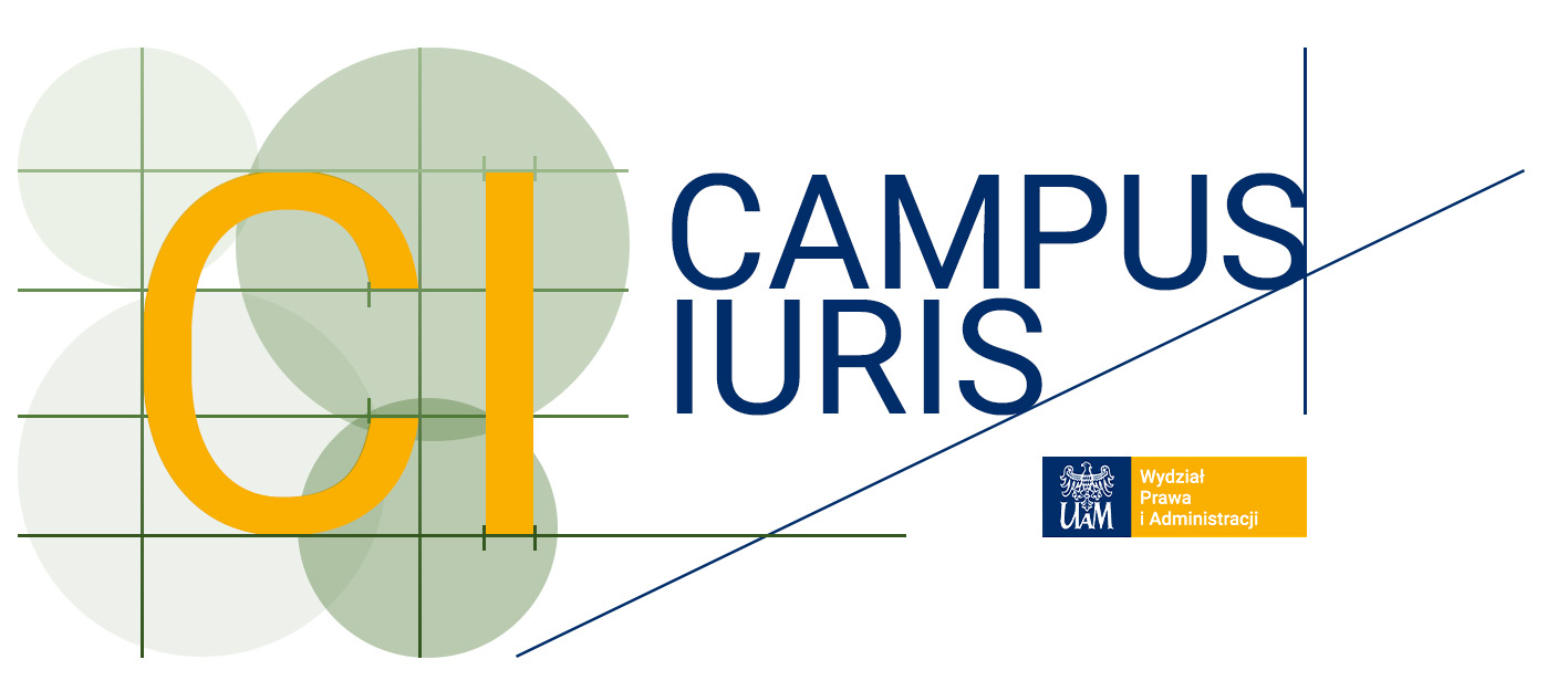 Logo "Campus Iuris" - duże litery "CI" na tle geometrycznych kształtów, obok napis "Campus Iuris" oraz znak Wydziału Prawa i Administracji UAM.