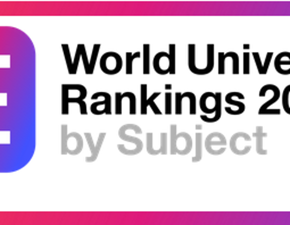 Logo "THE" w gradientowych kolorach oraz napis: "World University Rankings 2026 by Subject".