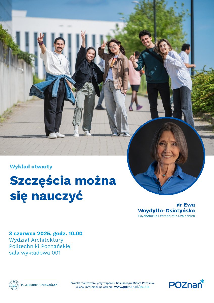 dr Ewa Woydyłło-Osiatyńska na tle grupy uśmiechniętych ludzi, zdjęcie uśmiechniętej kobiety oraz informacje o wykładzie, które zawarte są również w treści informacji o wykładzie