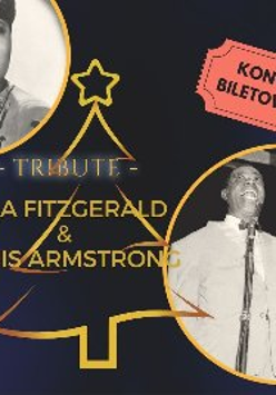 Czarno-białe zdjęcia Elly Fitzgerald i Armstronga. Na środku żółta choinka i żółty napis z nazwiskami artystów.