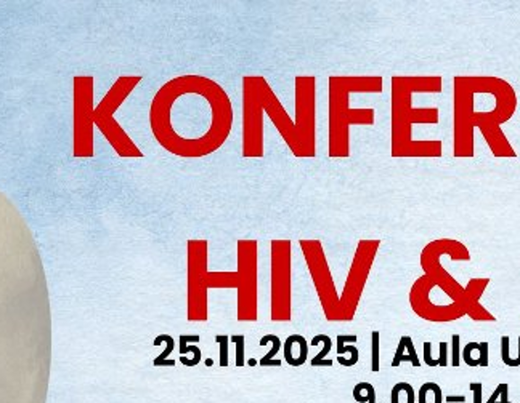 Plakat informacyjny o konferencji z elementami graficznymi np. głowy z pytaniami dotyczącymi m.in. HIV, AIDS.