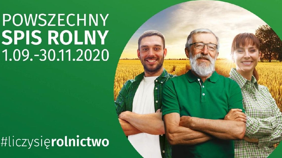 Ilustracja przedstawia plakat promujący Powszechny Spis Rolny. Na zdjęciu znajduje się trójka ludzi na tle pola ze zbożem