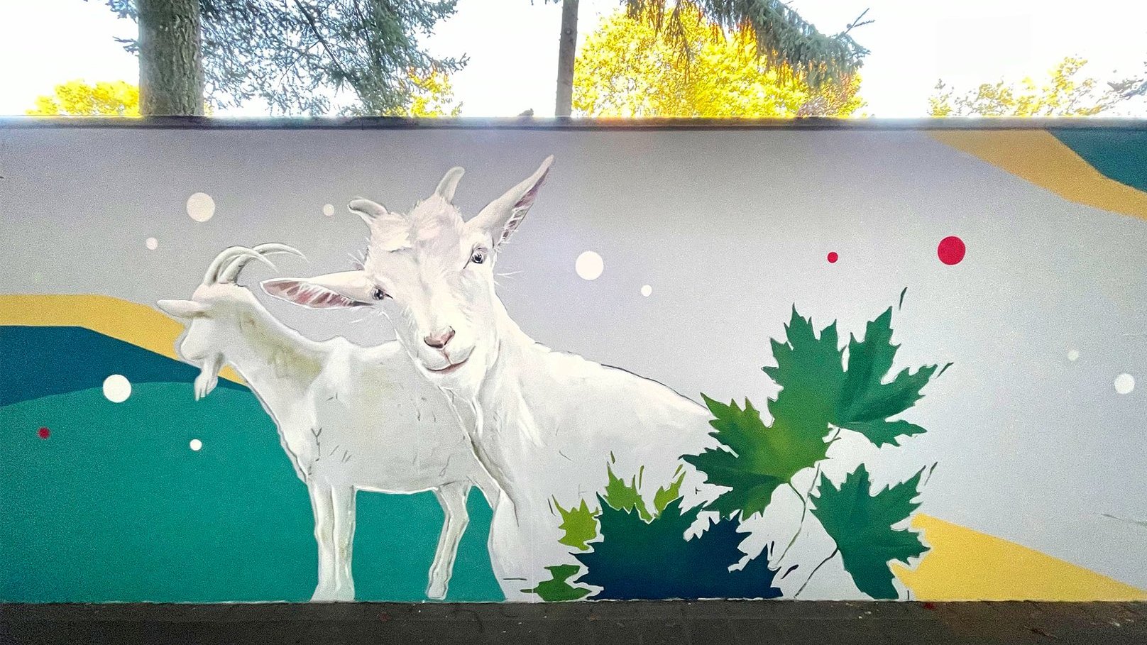 Mural, który przedstawia dwa białe koziołki. Jeden patrzy w przód, drugi w tył.