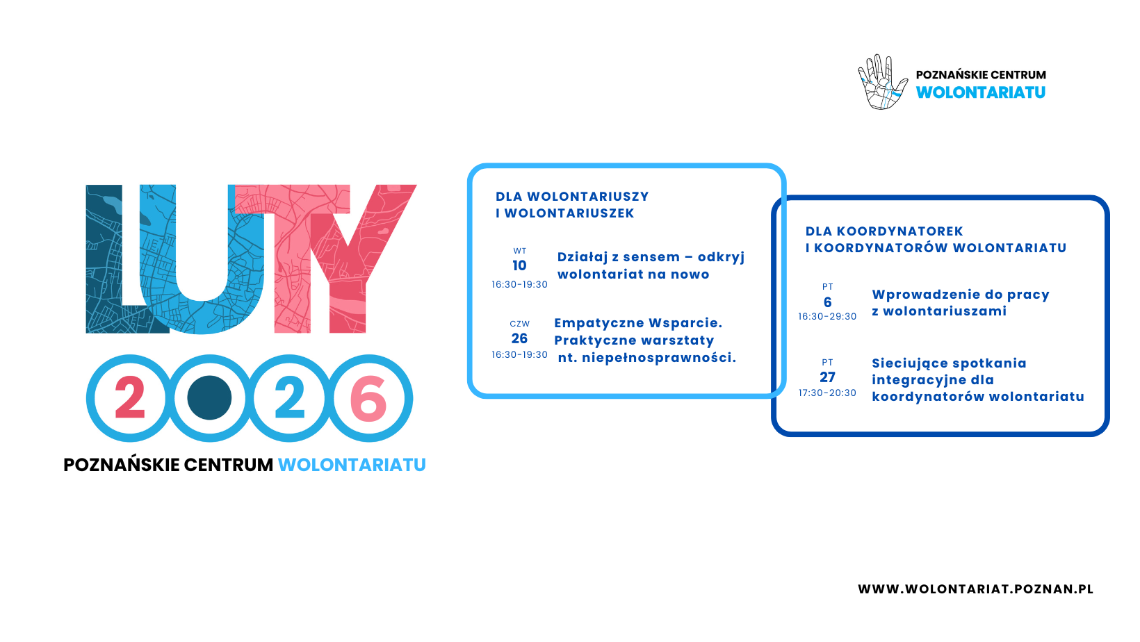 na zdjęciu po lewej znajduje się kolorowy napis "luty 2026", a po prawej znajdują się ramki z datami szkoleń