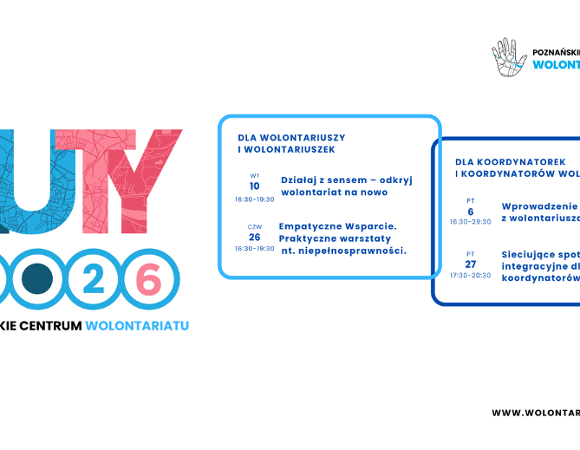 na zdjęciu po lewej znajduje się kolorowy napis "luty 2026", a po prawej znajdują się ramki z datami szkoleń