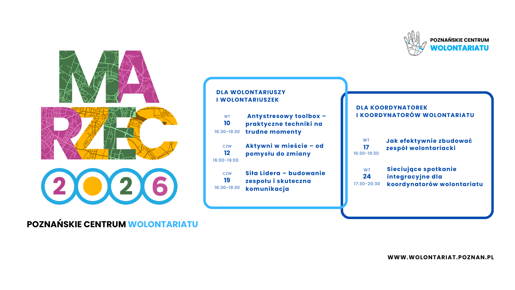 na zdjęciu po lewej znajduje się kolorowy napis "marzec 2026", a po prawej znajdują się ramki z datami szkoleń