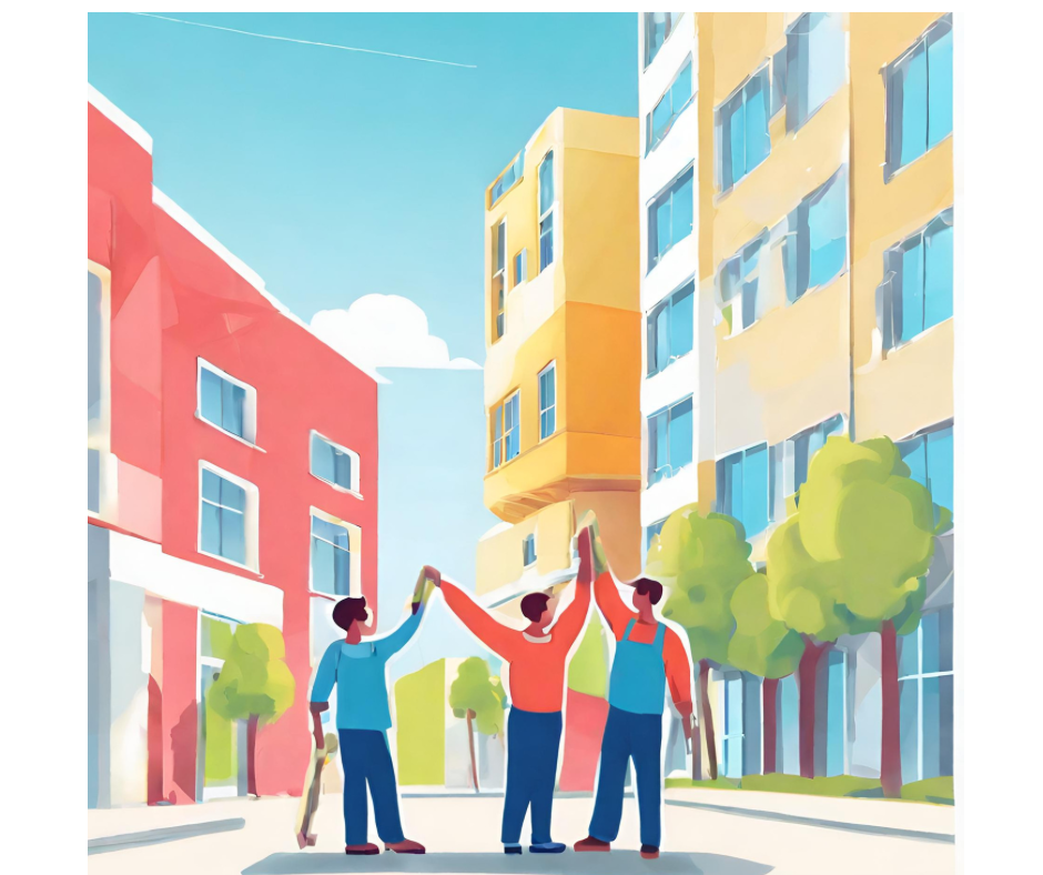 Grafika przedstawia trzy osoby trzymające się za uniesione ręce ku górze, za nimi znajdują się budynki. - grafika artykułu