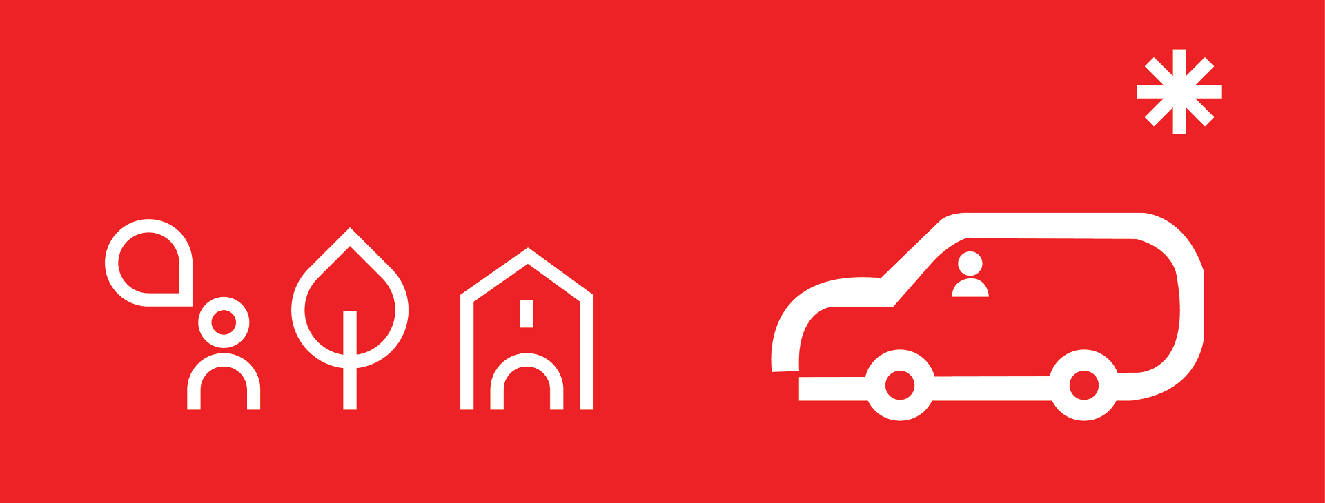Red background, white shapes of the person, tree, house and car.