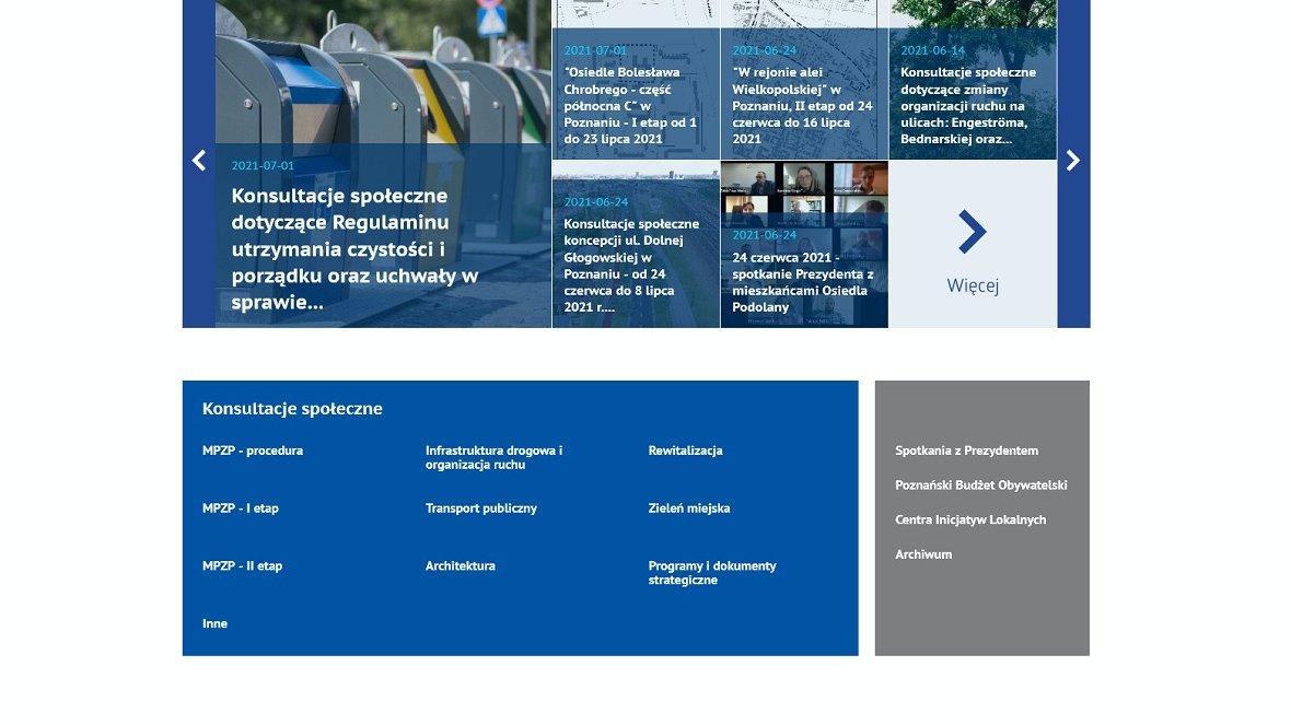 Screenshot of the new website for public consultations in Poznan. At the top there are titlws of the six articles, below headlines. - grafika artykułu