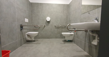 The bathroom in gray and white. On the right, a wheelchair-accessible washbasin with a mirror above it. Further on the right bidet with handrails allowing people with disabilities to get in. Opposite there is a toilet with handrails. On the left by the door, there is a red waste garbage can.
