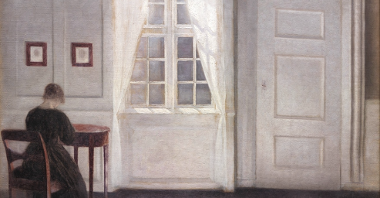 One of the artist's works: picture of room with litten by sunlight. On the left a woman sitting at a table, in a central part of the picture - a window with delicate white curtains, on the right - white door.