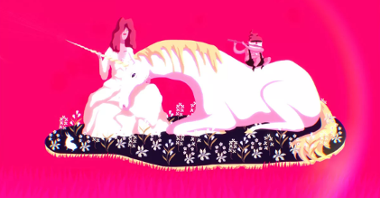 Drawing of a white unicorn lying next to a white-dressed woman. The woman is holding the unicorn's horn. A creature resembling a gnom, playing the flute is sitting on the unicorn's back. Pink background.