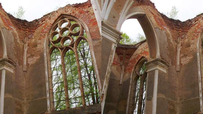 Ruins of the building: several walls without a roof, with high Gothic windows.