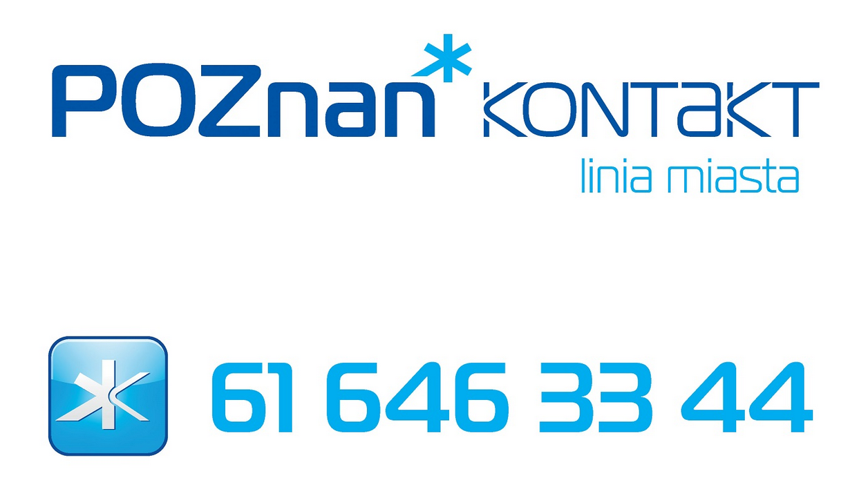 It reads: Poznan Kontakt city call center. Blue number.