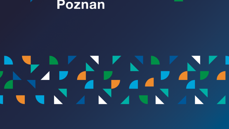 The Smart City Poznan symbols on a navy blue background. Colourful geometric elements.