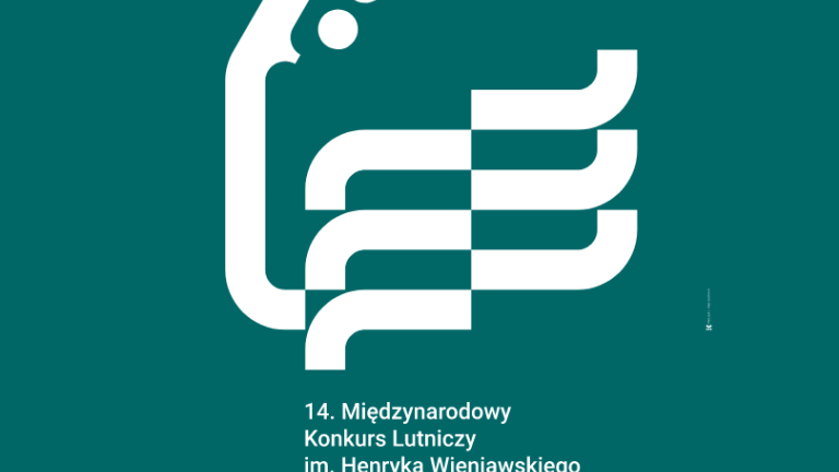 White graphic presenting a fragment of a violin on a dark green background. White captions on top and on the bottom of the picture. - grafika artykułu