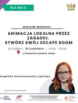 Plakat, kóry reklamuje warsztaty Animacja lokalna przez zagadki. Stwórz swój Escape Room. Na plakacie zjdęcie kobiety, obok informacje o wydarzeniu
