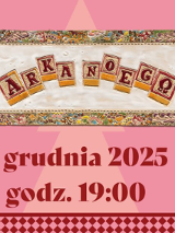 Grafika promująca Jarmark Świąteczny na Targach. Na środku znajduje się ozdobny napis "Arka Noego". Poniżej widnieje informacja: "5 grudnia 2025 godz. 19:00". Tło w odcieniach różu z motywami świątecznymi, choinką, mikołajem i karuzelą.