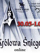 Po lewej Królowa Śniegu, po prawej i na dole napisy. Na srodku czerwone daty Plakat w barwach biało- szarych.