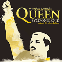 Na czarnym tle napis "Queen Symfonicznie" i wizerunek Frediego Mercury.