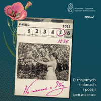 Baner z informacjami o wydarzeniu. Na niebieskim tle kartka z kalendarza na niej data i zdjęcie kobiety przy kwietnych krzewach.