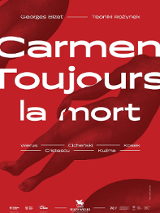 Czerwony plakat z iinformacją o spektaklu.