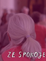 Zdjęcie grupy osób w jednym z zamkowych korytarzy. Na pierwszym planie siwowłosa kobieta odwrócona plecami do obiektywu. W tle nieostre sylwetki pozostałych zwiedzających. Przez okna umieszczone po prawej stronie korytarza wpada dzienne światło. Na zdjęcie nałożono filtr w kolorze różowym. W prawym dolnym rogu biały odręczny napis "ZE SPOKOJEM".