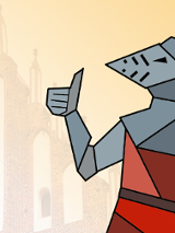 Rysunek rycerza w pełnej zbroi pokazującego gest ok. W tle półprzeźroczyćie widać fragment kościoła. Całość na różnożółtym tle.