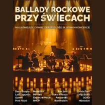 Baner promujący wydarzenie. Nazwa wydarzenia. W tle fortepian i świece oraz kwartet muzyków na scenie.