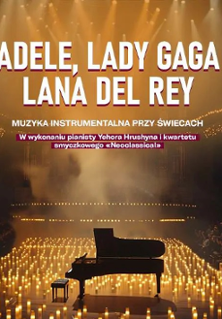 Baner promujący wydarzenie. Nazwa wydarzenia. W tle fortepian i świece.