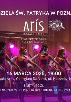 Baner promujący wydarzenie. Nazwa wydarzenia i zdjęcie siedmiu tancerek irlandzkich.