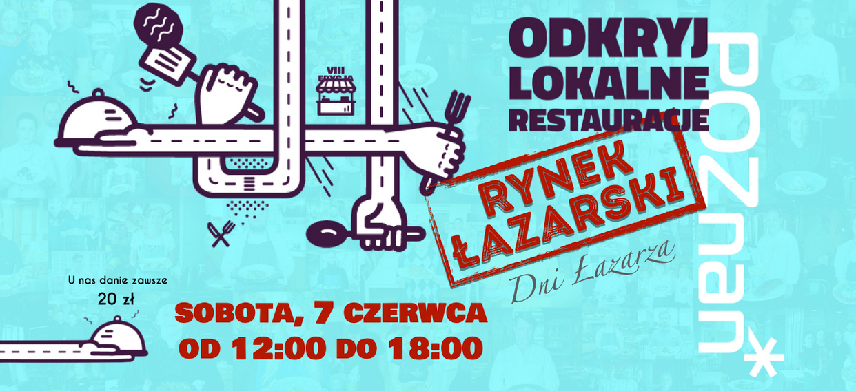 Tegoroczna edycja Jedzielni rozpoczyna się na dobrze znanym Rynku Łazarskim Baner, na niebieskim tle abstraksyjne krzyżujące się ręce trzymające widelec i łyżkę, z boku napisy, które informują o wydarzeniu.