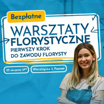 Uśmiechnięta dziewczyna w fartuchu na niebieskim tle. Informacje z plakatu w treści artykułu.