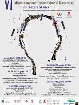 Kontur głowy człowieka wykonany z instrumentów. Wokół grafiki nut. Szczegółowe informacje na temat wydarzeń organizowanych w ramach VI Międzynarodowego Festiwalu Muzyki Kameralnej imienia Józefa Madei. Loga organizatorów i partnerów. Informacje na temat wydarzenia zawarte w treści artykułu.